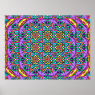 Póster Calidoscopio Mandala Fractal Pavo Real Púrpura
