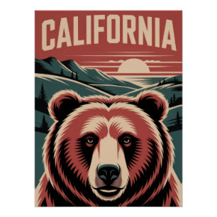 Póster California Bear & Mountain Sunset - Vintage Golden