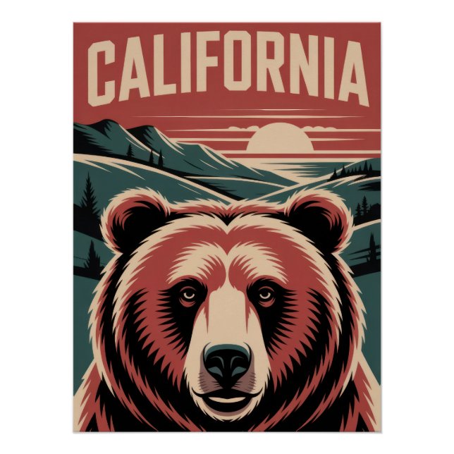 Póster California Bear & Mountain Sunset - Vintage Golden (Anverso)