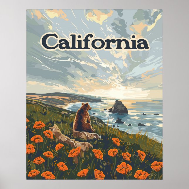 Póster California Bear Poppies Flowers Coast Retro (Frente)