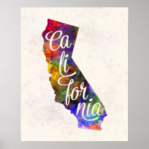 Póster California US State in watercolor text cut out