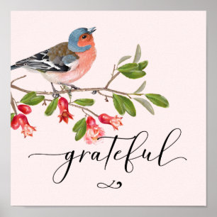 Póster Caligrafía Agradecida Acuarela Pájaro Flor Rosa