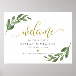 Póster Caligrafía de Greeny Leaf Bienvenida Rótulo Boda