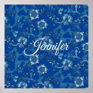 Póster Caligrafía Elegante Azul Floral Nombre Personaliza