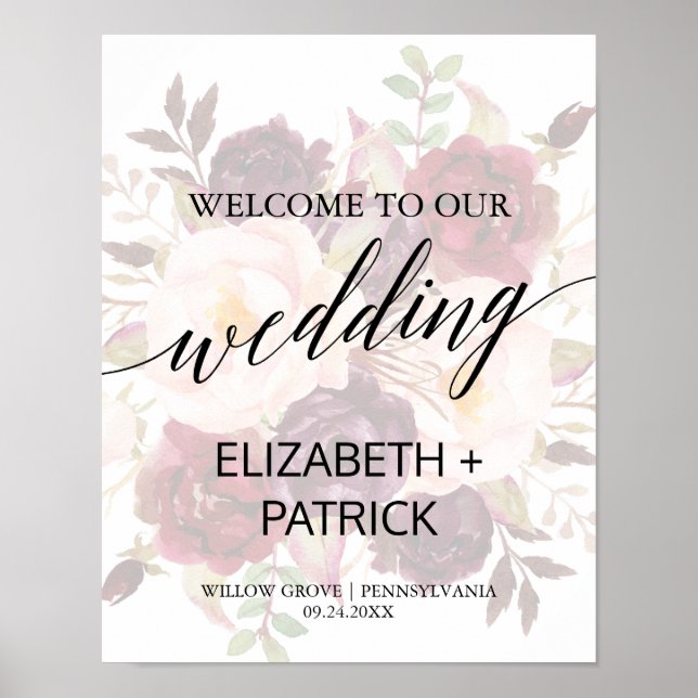 Póster Caligrafía elegante | Faded Floral Boda Welcome (Frente)