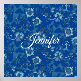 Póster Caligrafía Elegante Floral Azul Nombre personaliza