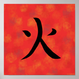 Póster Caligrafía Japonesa Kanji Fuego Rojo