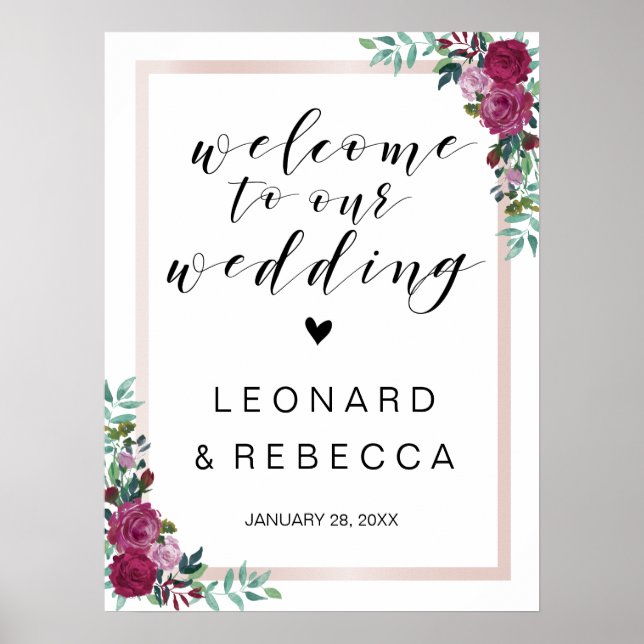 Póster Caligrafía Marco de rosas de señas del boda de bie (Frente)