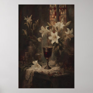 Póster Cáliz de vampiro con lirios y vela antiguo