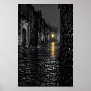 Póster Calle de adoquines empapada de lluvia