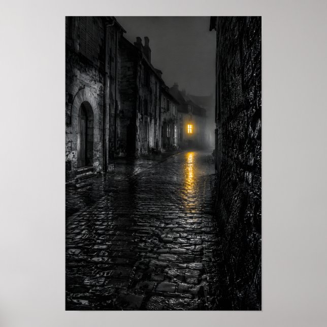 Póster Calle de adoquines empapada de lluvia (Frente)