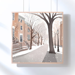Póster Calle de Brownstone   Acuarela de invierno nevado