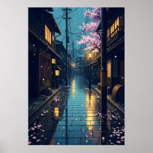 Póster Calle de cerezos en flor japonesa lluviosa y acoge