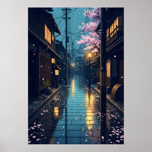 Póster Calle de cerezos en flor japonesa lluviosa y acoge (Frente)