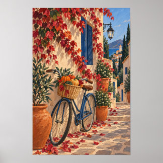 Póster Calle de la aldea de otoño con bicicleta y calabaz