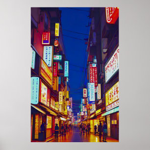 Póster Calle De La Ciudad Japonesa De Noche