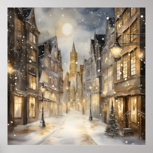 Póster Calle de la ciudad nevada con tonos sepia