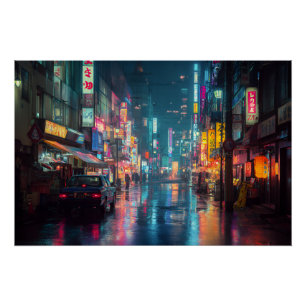 Póster Calle de Tokio Neon Lluvioso