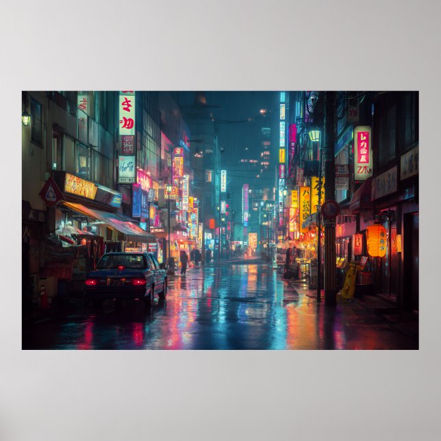 Póster Calle de Tokio Neon Lluvioso (Frente)