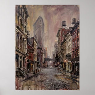 Póster Calle del Distrito Flatiron con Rieles de Adoquín