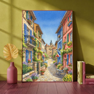 Póster Calle del Pueblo Francés Colorido Castillo Acuarel