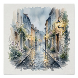 Póster Calle empedrada europea en un día lluvioso acuarel