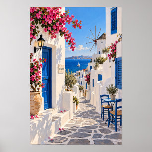 Póster Calle encalada y pared de molino de viento de Isla