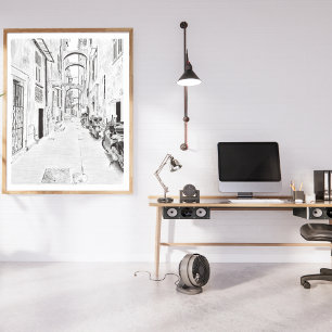 Póster Calle italiana estrecha, blanco y negro