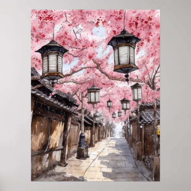 Póster Calle japonesa con árboles de flores de cerezo (Frente)