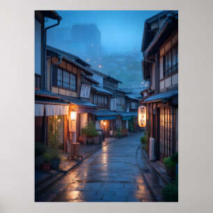 Póster Calle Lluviosa Japonesa Urbana Acogedora 