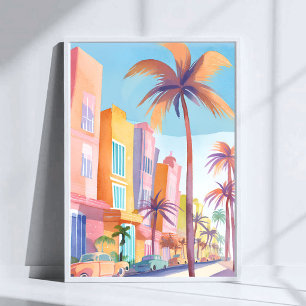 Póster Calle Miami   Acuarela de Calle Colorida