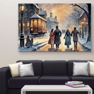 Póster Calle nevada victoriana vintage con acuarela