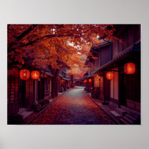 Póster Calle Otoño de Kyoto con farolillos - Agua japones