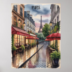 Póster Calle Romántica de París Torre Eiffel Acuarela