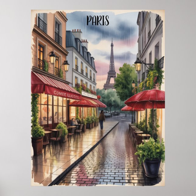Póster Calle Romántica de París Torre Eiffel Acuarela (Frente)
