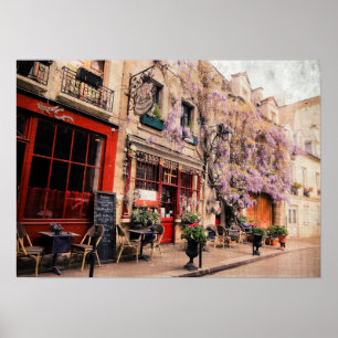 Póster Calle romántica y restaurante en París, Francia