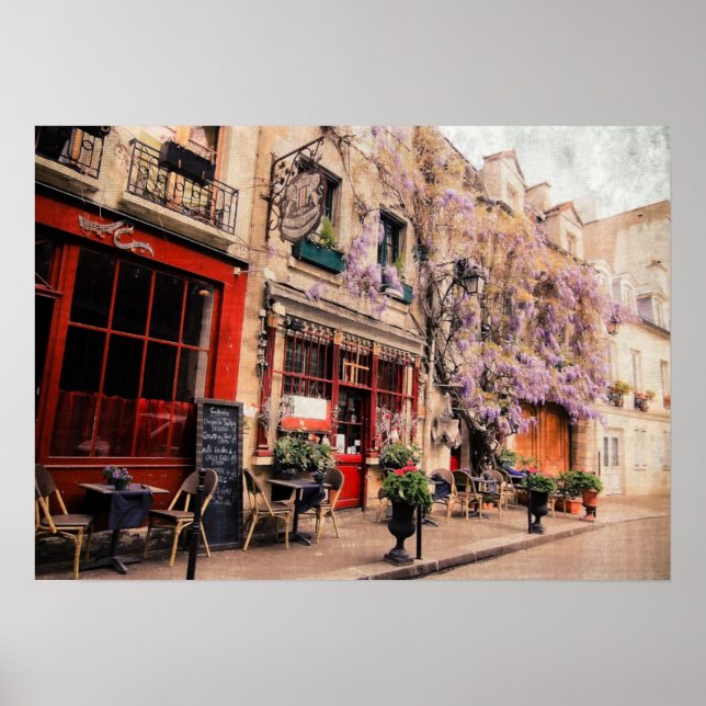 Póster Calle romántica y restaurante en París, Francia (Frente)