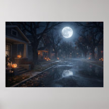 Calle suburbana liminal en noche de Halloween