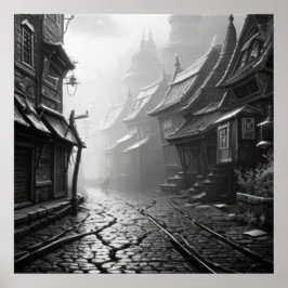 Póster Calle vieja de misterio blanco y negro en un puebl