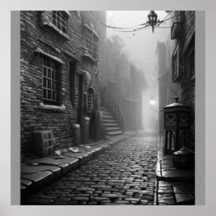 Póster Calle vieja de misterio blanco y negro en un puebl