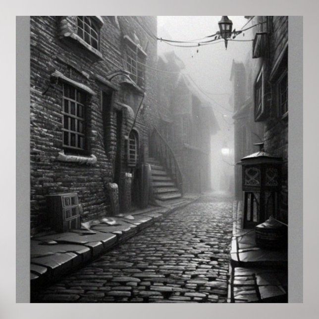 Póster Calle vieja de misterio blanco y negro en un puebl (Frente)