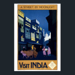 Póster Calle vintage Art Deco de Moonlight India Travel<br><div class="desc">Esta es una imagen digitalmente realzada de un vintage afiche de viaje turístico Art Deco India de 1920 que muestra una escena callejera iluminada por la luna con carro de bueyes. El texto dice: "Una calle a la luz de la luna. Visita India. Solicitud: Oficina de Ferrocarriles del Estado de...</div>