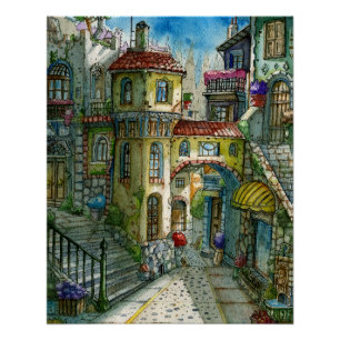Póster Callejón de Cuento de Hadas en Acuarela 