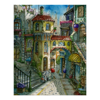Póster Callejón de Cuento de Hadas en Acuarela 