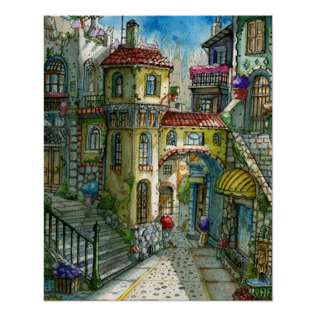 Póster Callejón de Cuento de Hadas en Acuarela  (Anverso)
