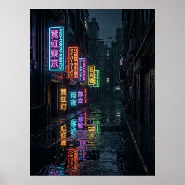 Póster Callejón de neón ciberpunk lluvia Tokio (Frente)