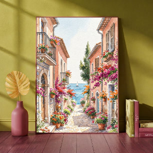 Póster Callejón de un pueblo junto al mar Mediterráneo en