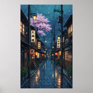 Póster Callejón Japonés Noche de Lluvia Acogedor Anime Fl