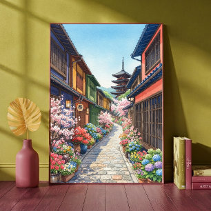 Póster Callejón Tradicional Japonés Pagoda Acuarela