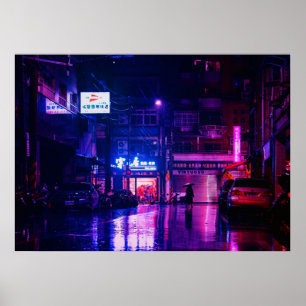 Póster Calles lluviosas De Noche En Tokio, Japón